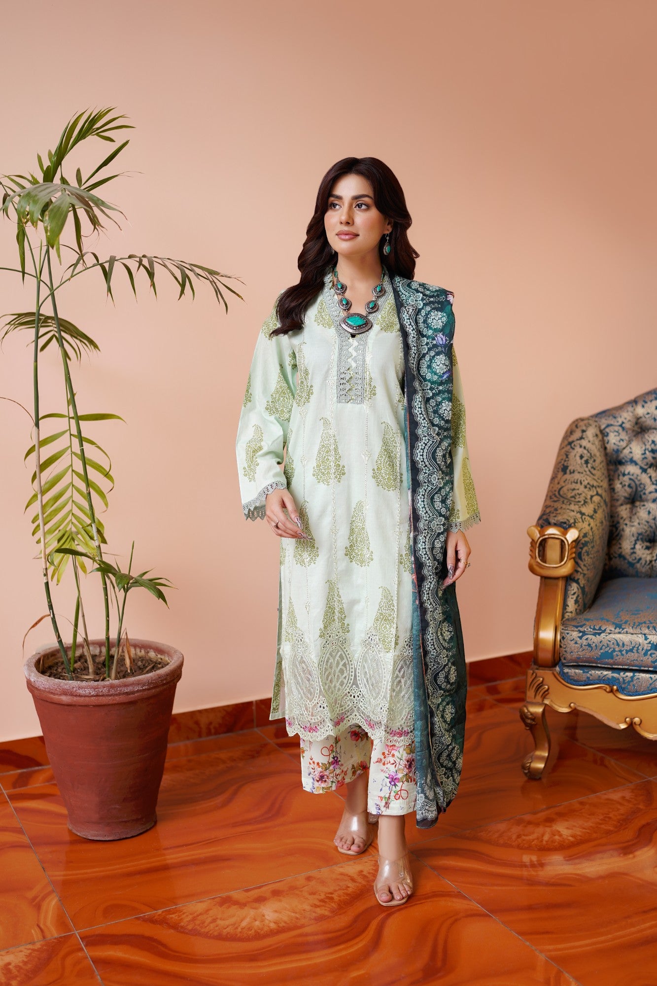 Mint Majestic 3-Piece Lawn Suit – Summer Wear for Women in Pakistan